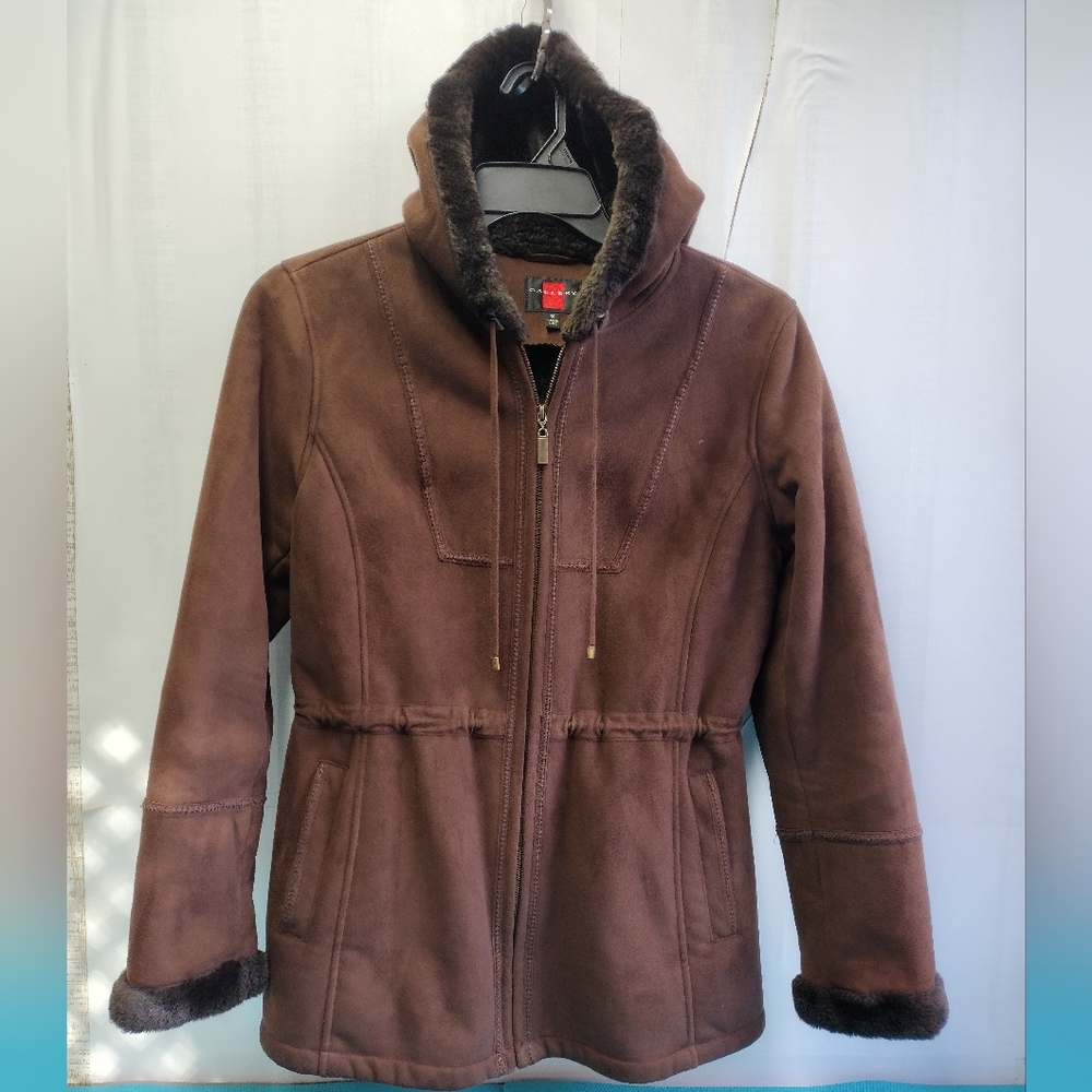 Gallery Women's Hooded Full Zip Faux Suede Jacket Brown Faux Fur - M